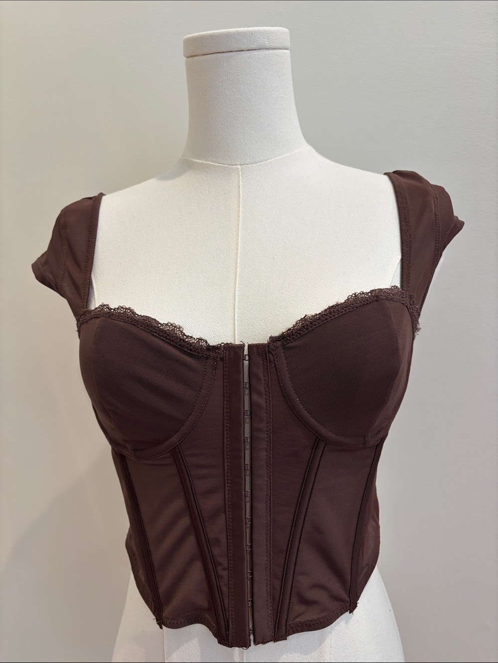 Garage Corset Top Brown Sheer Cap Sleeve Small